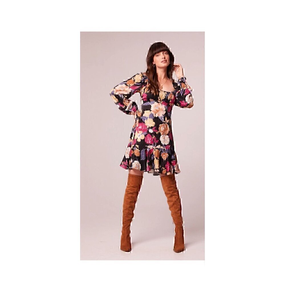 BAND OF THE FREE BLACK FLORAL LONG SLEEVE MINI BOHO DRESS, SQUARE NECK, SIZE LRG